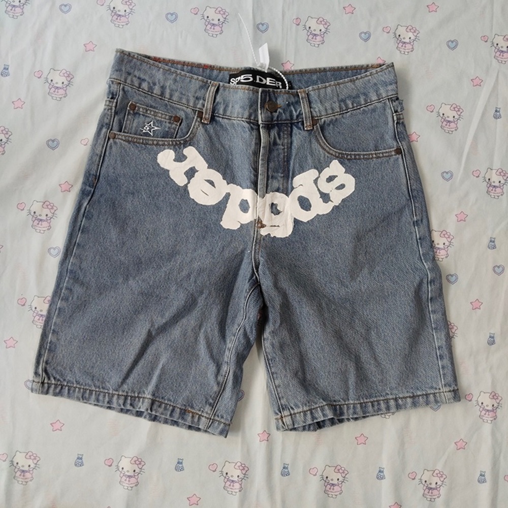 Sp5der Light Blue Denim Jean Shorts with White Logo Accent